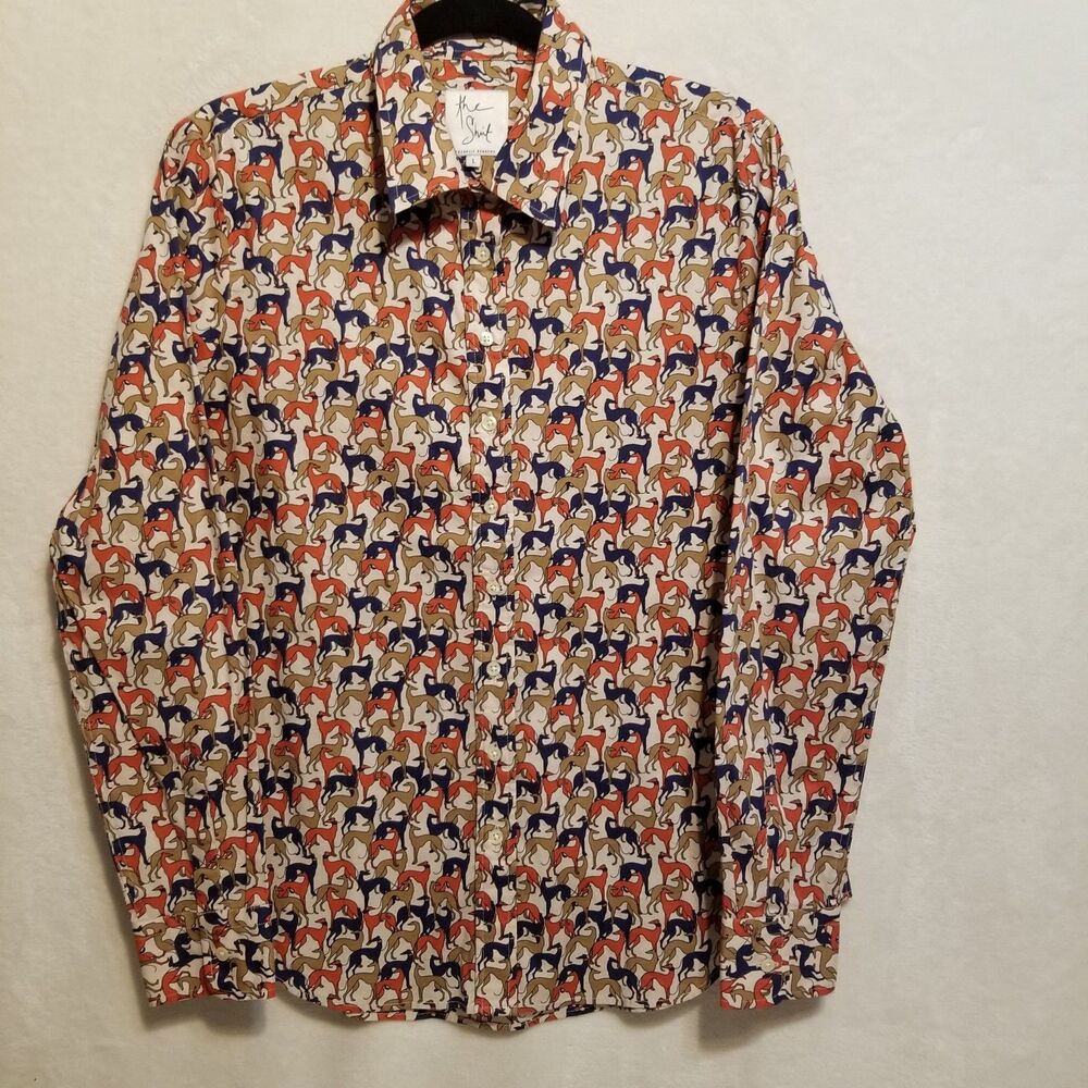 The Shirt Rochelle Behrens L Top Button Front Dog Novelty Print Cotton Office